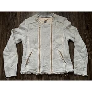 Sundance Blazer Jacket Tweed Fringe Light Blue Zip Cotton Woven Moto Pockets